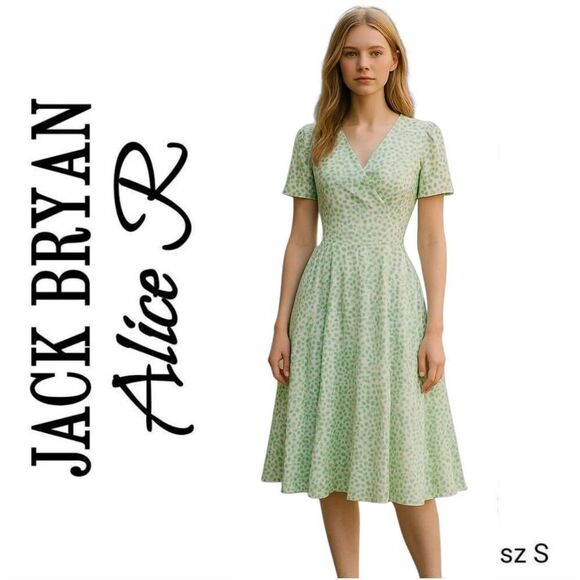Vintage Jack Bryan Sheer Fun Flirty Flowy Green Polka Dot Midi Cowl Neck Dress - Picture 1 of 10